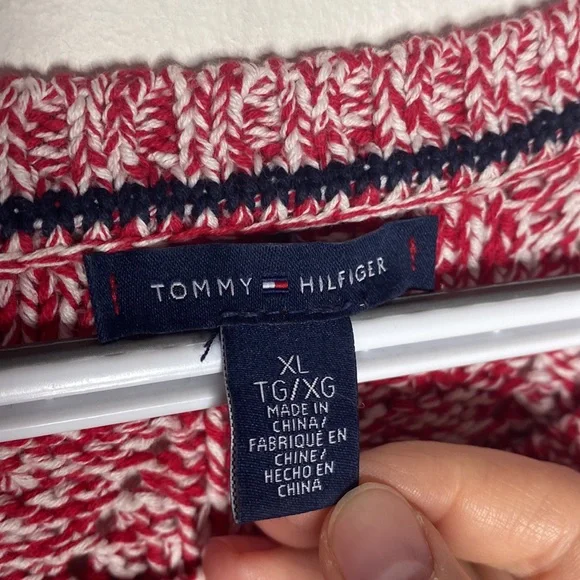 Tommy Hilfiger Heather red Diamond chunky knit cotton sweater with Pom-poms XL - Picture 8 of 10